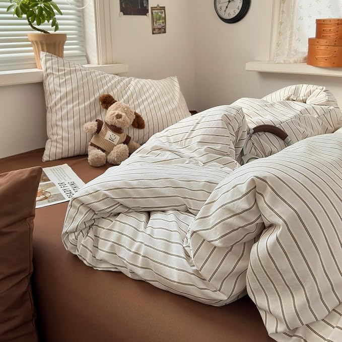 mixinni Vintage Striped Twin Duvet Cover Set, 3 Piece Premium Washed Microfiber Minimalist Beige Brown Stripes Bedding, Neutral Comforter Cover with Hidden Zipper & Corner Ties for Men Women