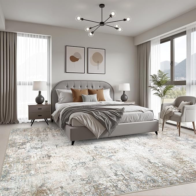 6x9 Area Rug Living Room Rug: Washable Modern Abstract Soft Thin Rug Indoor Floor No Slip Stain Resistant Carpet for Bedroom Dining Room Farmhouse Nursery Home Office - Brown Grey