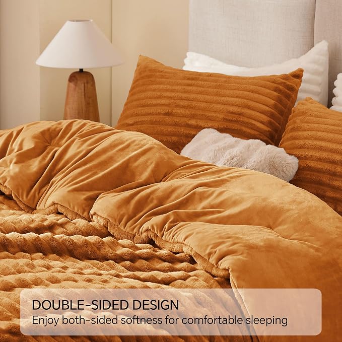 BEDELITE Fleece King Comforter Set, Fluffy Bed Set, Rust Orange | Super Soft & Warm Bedding, Luxury Fuzzy Faux Fur Comforter for Winter, Heavy Plush Bedding, with 2 Pillowcases