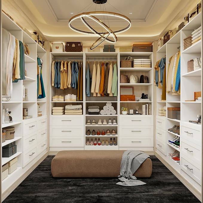 Closet System with 3 Sets, 6–15 FT Closet Organizer System with 6 Drawers, 9 Shelves & 5 Rods, Walk-In Modular Closet System, Custom Built-In Closet Kit, White