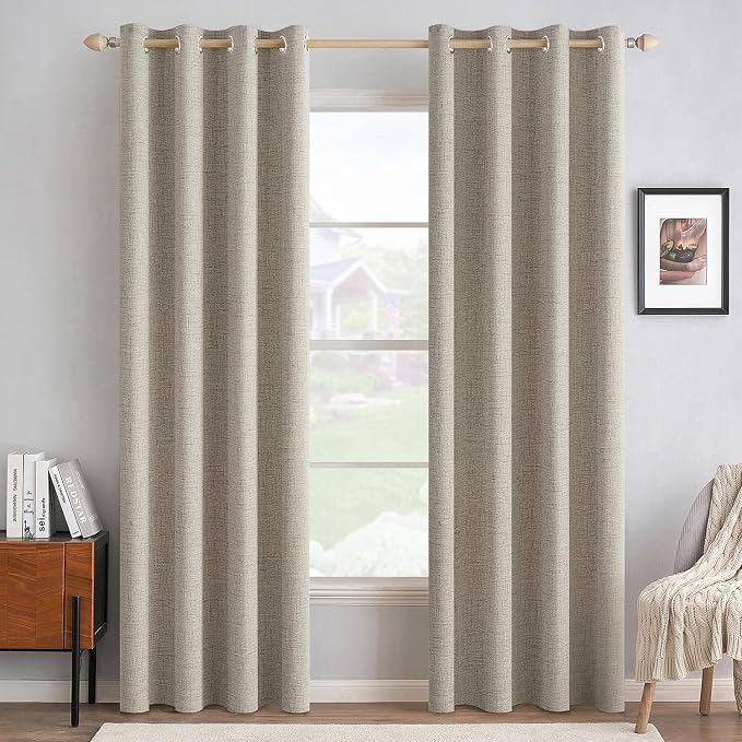 MIULEE 100% Blackout Linen Curtains for Bedroom 52x108 Inches Pebble Taupe | Room Darkening, Light Blocking, Thermal Insulated, Grommet Top, Linen Textured, Window Curtains for Living Room, 2 Panels