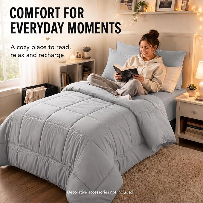 Twin XL Comforter Set French Grey - 5 Pieces Twin XL Bed in a Bag | College Dorm Essentials, OEKO-TEX Certified, All Season, Down-Alternative Comforter + Flat & Fitted Sheets + 2 Pillowcases