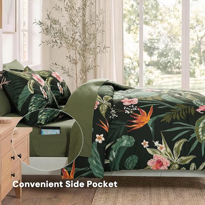 Queen Comforter Set - 7 Pieces Soft Floral Bed in a Bag Queen Bedding Sets | Dark Green Botanical Flowers Comforter Set with Sheets, Pillowcases & Shams for All Seasons