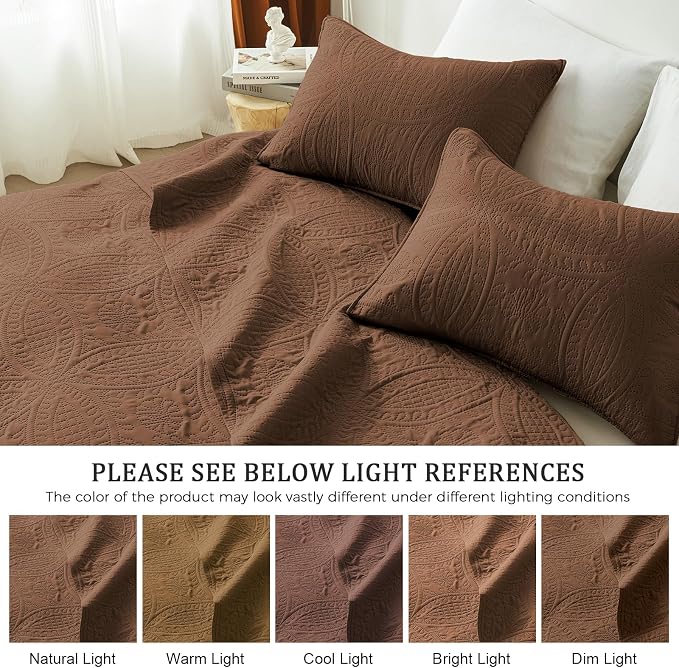 akkialla 118"x106" Brown California King Quilt Set, Oversized Floor-Length Bedspread, Modern Coin Pattern Microfiber Coverlet, 3-Piece All Season Bedding with 2 Pillow Shams