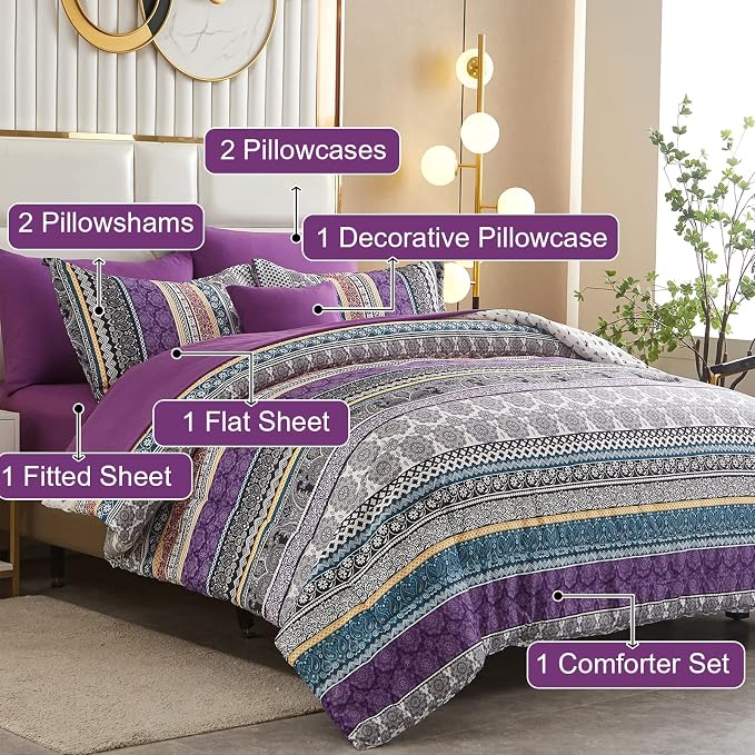 Cottolester Boho Comforter Set Full Size 8 Piece Bed in a Bag Bohemian Striped Bedding Quilt Set Purple Paisley Floral Comforter and Sheet Set,Soft Microfiber Complete Bedding Sets for All Season