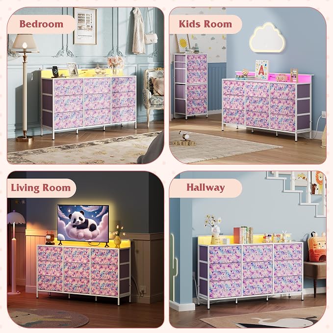 WLIVE Dresser TV Stand 9 Drawers, Fabric Chest LED Lights, Tie-dye | 9-drawer dresser TV stand fits 55in TV with RGB LED lights and charging station, fabric media console for living room