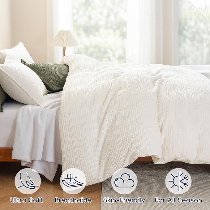 PHF Soft Waffle Duvet Cover Queen Size- Durable Breathable Waffle Weave Duvet Cover(90"x90") with 2 Pillow Shams, 3 Pieces Luxury Textured Bedding Set for All Season, Cream