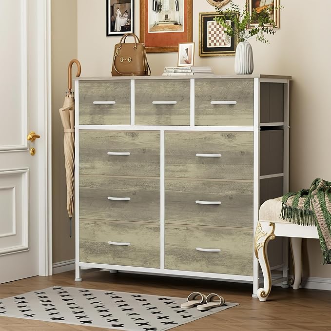 Sweetcrispy 9 Drawer Fabric Dresser Storage Tower Drawer Organizer, Oak | Sturdy Steel Frame with Wood-top, Easy-pull Handle, Space-Saving Organizer Chest for Bedroom, Closet, Lightweight and Stable