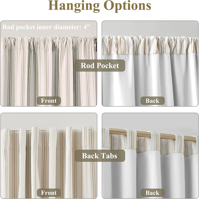 ZJDECOR 84 Inches Beige Striped Full Blackout Curtains for Bedroom | Stripe on White Cotton Blend Light Filtering with White Liner,Darkening Window Treatment,Back Tab Rod Pocket,55"Wx84"Lx2
