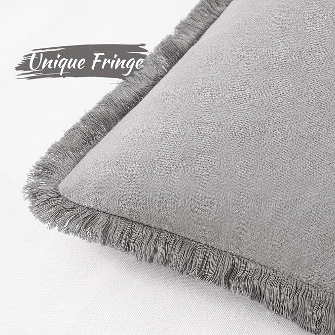 MIULEE Boho Linen Fringe Decorative Throw Pillow Covers Light Grey 18x18 | Set of 2, Cottagecore Decor, Boho Farmhouse Neutral Pillow Covers, Rustic Couch Cushion Cases for Sofa Bed Living Room