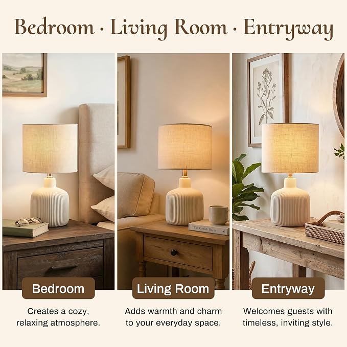 Ceramic Table Lamp, Off-White, 17.75" | Rustic Farmhouse, Beige Linen Shade, Warm Ambient Lighting, Bedside Nightstand
