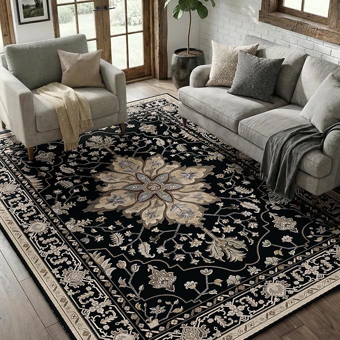 RELEANY Washable Area Rug, 6'x8', Black/Neutral | Non-Slip, Water Repellent, Pet Friendly, Easy to Clean, Vintage Floral Boho Decor for Living Room Bedroom Dining Room Office