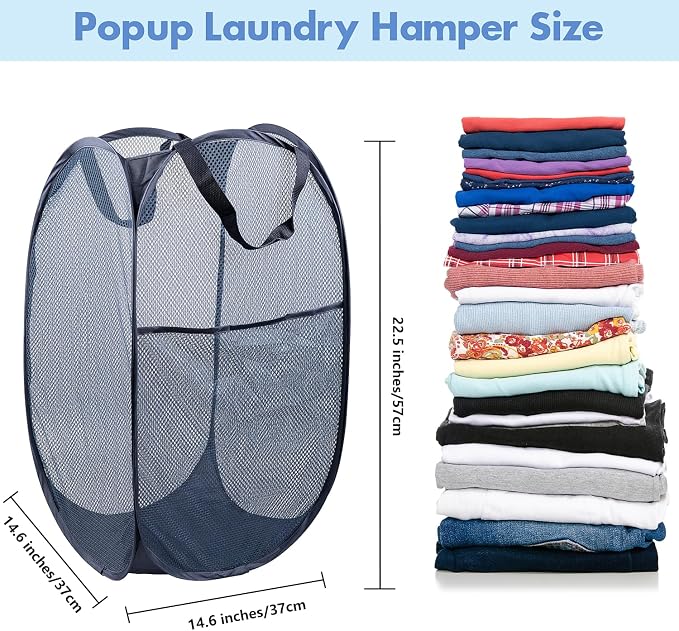 2 Pack Pop Up Laundry Hampers, 70 L Collapsible Foldable Mesh Basket, Blue | Reinforced handles, breathable fabric, foldable, portable for dorm college travel camping cruise, dirty clothes, toys storage