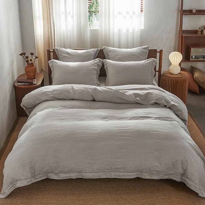 Simple&Opulence 100% French Linen Duvet Cover Set with Embroidered,3 Pcs Washed Soft Farmhouse Bedding Set with Button Closure,1 Comforter Cover and 2 Pillowshams(Queen,Grey)