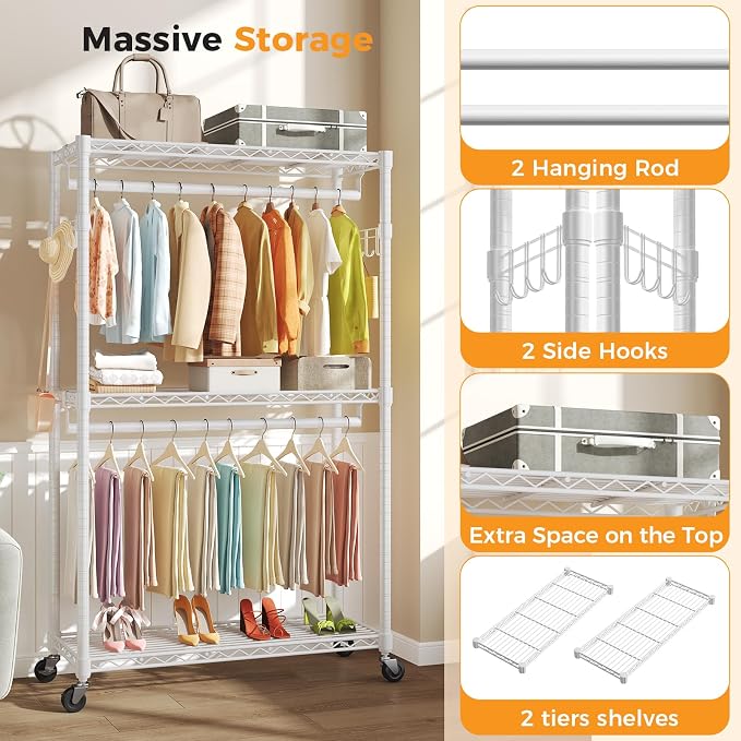 OLIXIS Clothes Rack Heavy Duty Adjustable Garment Clothing Rack with Wheels, Rolling Metal Freestanding Closet Organizer for Hanging Clothes with 2 Side Hooks, Double Rods, 47"x17"x80", White