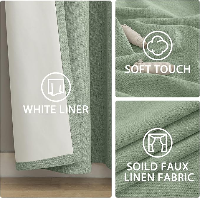 Yakamok 96 Inch Light Sage Green Linen Texture Curtains for Living Room | 100% Blackout Curtains,Room Darkening Curtains,Thermal Grommet Bedroom Curtain 2 Panels with Greyish White Liner,52W x 96L