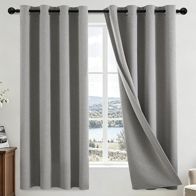 COSVIYA 100% Blackout Dove Grey Linen Curtains & Drapes 63 Inch Length | Light Blocking Full Room Darkening Grommet Insulated Thermal Window Panels for Bedroom/Living Room,52x63 inches,2 Panels