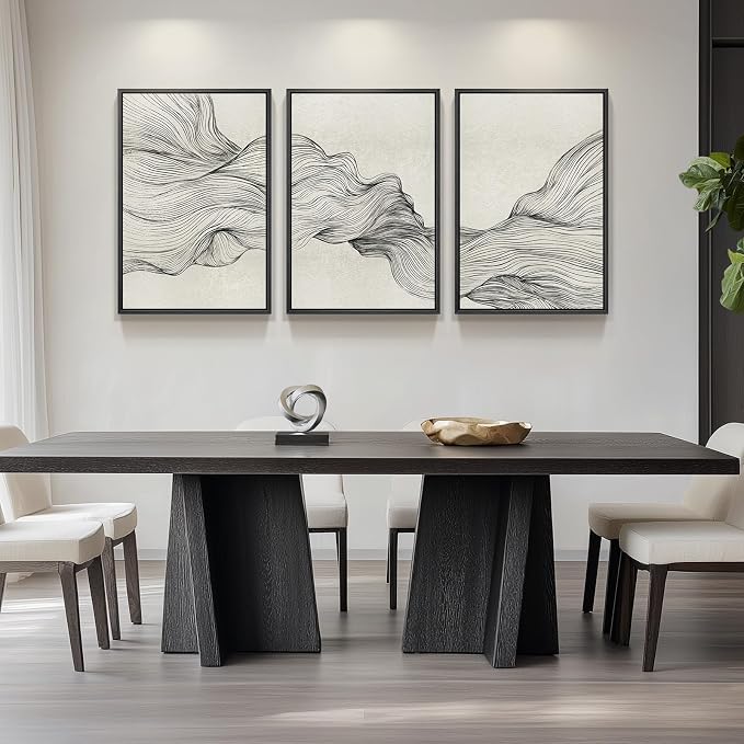Framed Black and Beige Neutral Abstract Wall Art for Living Room, 3 Piece | Large Modern Canvas Prints Paintings, Minimalist Artwork for Walls, Lines Pictures for Office Hallway Wall Decor 24x36 Inch