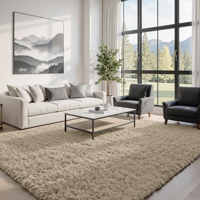 5x8 Fluffy Shag Area Rugs for Living Room Bedroom: Soft Carpet Gray Camel | Upgraded Non-Slip Thick Memory Foam, Ultra Soft, Non-Shedding Fuzzy Carpet, Easy Clean Decor for Kids Room, Nursery, Playroom