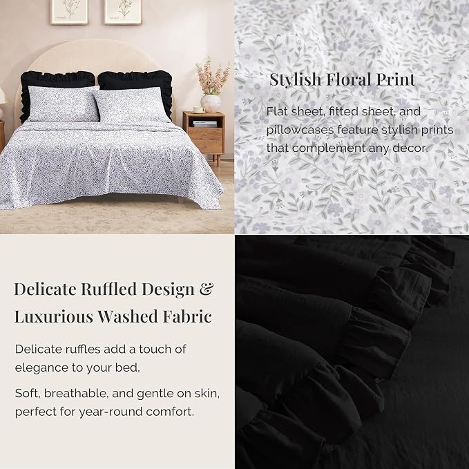 Full Size Comforter Sets-7 Pieces Ruffle Bedding Floral Sheet | Black Bed in a Bag, Soft Lightweight All Season Farmhouse Full Size Bedding Sets with Floral Sheets, Pillowcases & Shams