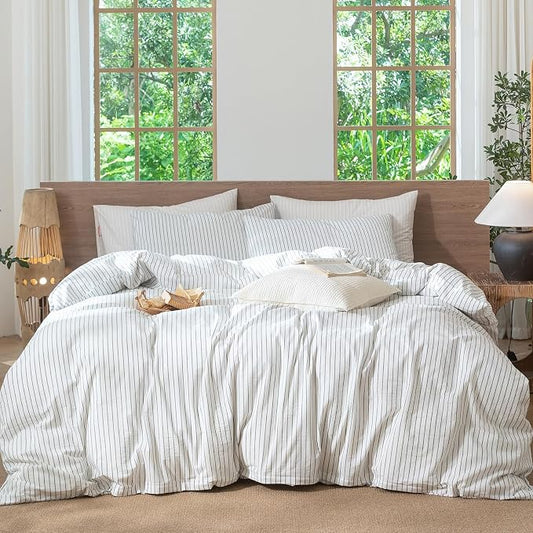 MooMee Striped Duvet Cover Set 100% Washed Cotton Linen Like Queen | Relaxed Linen-like Texture. Soft, Breathable & Long-lasting Comfort. Lightweight. Hidden Zipper with 8 Interior Corner Ties