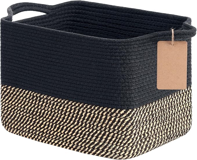 Goodpick Woven Storage Basket for Shelves, Rectangle, Black & Jute | 13" × 10" × 9" Stylish Gift Basket for Home Decor, Wicker Baskets for Shoes, Toys & Books Storage, Reinforced Handles