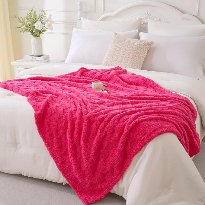 Hot Pink Fleece Throw Blanket 60”×80”Checkered Design for Couch | Super Soft Cozy Plush Microfiber 3D Square Pattern Flannel Blanket for Sofa Bed Lightweight for Adults,Women