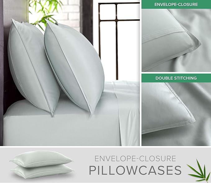 Pure Bamboo Twin Sheets, Genuine 100% Organic Viscose Derived from Bamboo Bed Sheet Set, Luxuriously Soft & Cooling, Double Stitching, 2 Year Quality Promise (Twin, Sea Glass)