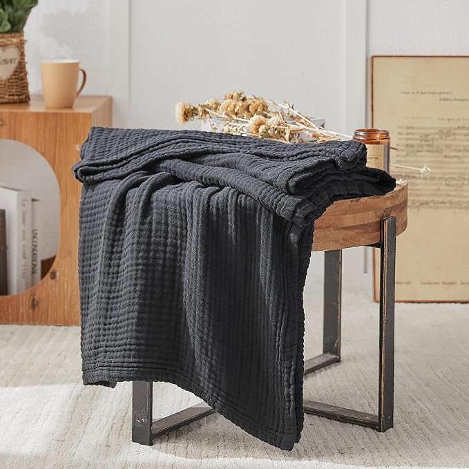 EMME Muslin Blankets for Adults Throw Blanket for Couch Breathable Gauze Soft Lightweight Airy Black Twin 60" x 80" | Summer Throw Blankets for Couch Breathable Gauze Blanket All Seasons Soft & Lightweight Pre-Washed Cotton Blanket Sofa