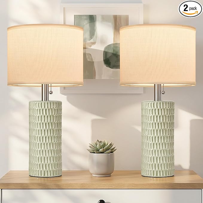 Reaketon 20” Modern Table Lamps Set of 2, Lamps for Bedroom, Light Green | Ceramic Table Lamps for Nightstands, Small Table Lamps for Living Room, Bedside, End Table, Kids Room, Pull Chain Switch