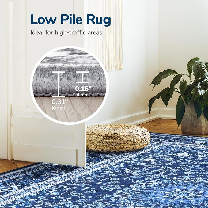 3 x 5 Area Rugs for Living Room, Washable Boho Carpets Blue White | Faux Wool Rug for Entryway Bedroom, Floral Medallion Vintage Rugs with Non-Slip Rubber, 0.25inch Low Pile Kid & Pet Friendly