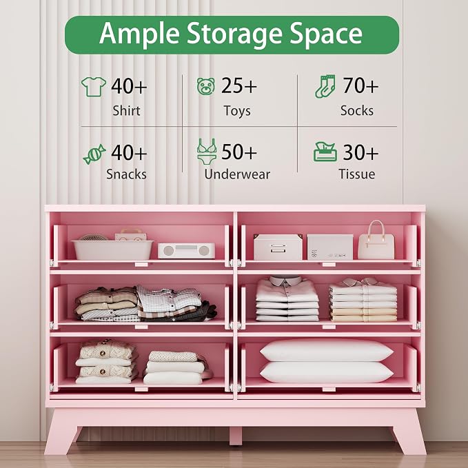 Fluted Dresser for Bedroom with 6 Drawers, 48" Wide Modern Chest of Drawers with Metal Handle, Wooden Dresser TV Stand, Wood Closet Clothes Storage Drawer Organizer for Living Room, Hallway, Pink