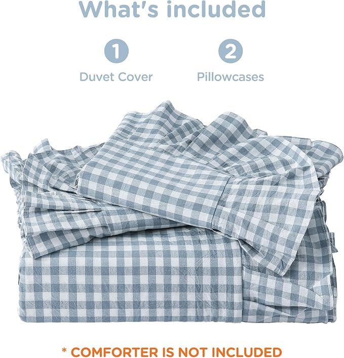 ATsense Blue Gingham Ruffle Duvet Cover Set Cotton Like Linen, Full | 100% Washed Cotton Linen-Like Feel Soft, Breathable & Comfy. Farmhouse Bedding Set with Zipper & 8 Ties. 3 Pcs, No Insert