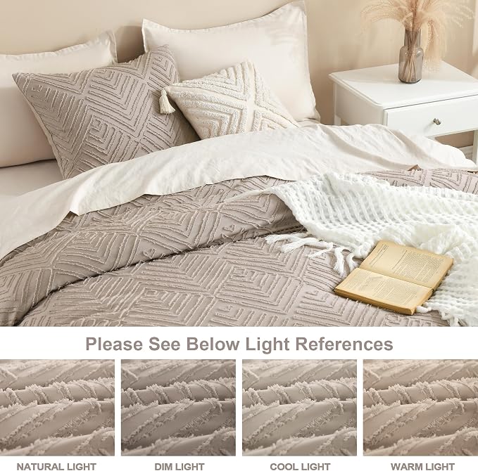 Litanika Super King Plus Comforter Set, 3 Pcs Tufted Boho Bedding Set | Light Coffee Farmhouse Shabby Chic Vintage Bohemian Textured Aesthetic Soft Fluffy Lightweight Breathable All Season Bed Set
