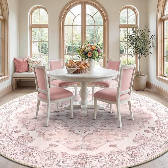 RELEANY Washable Area Rug, Round 8ft, Pink | Non-Slip, Water Repellent, Pet Friendly, Easy to Clean, Vintage Floral Boho Decor for Living Room Bedroom Dining Room