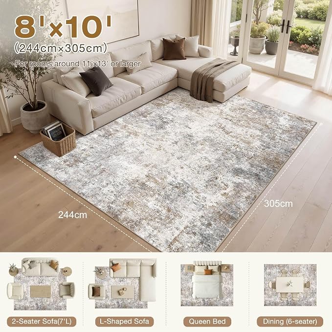 UERMEI 8x10 Area Rug Living Room Rugs - Washable Neutral Modern Abstract Soft Thin Large Rug Indoor Floor No Slip Rug Carpet for Bedroom Under Dining Table Home Office Decor - Brown Grey