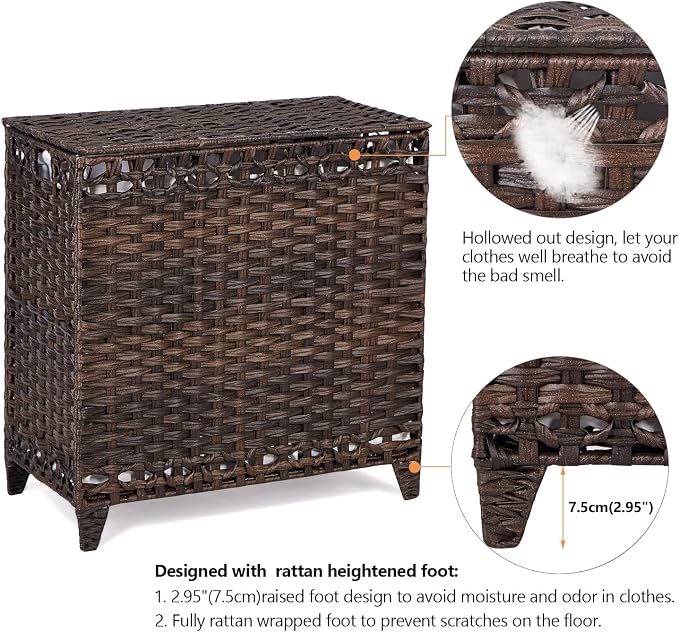 Laundry Hamper with 3 Removable Liner Bags, 132L Laundry Sorter with Lid | Raised Feet; Side Carry Handles; Handwoven PP Rattan; Rust-Resistant Iron Frame; Decorative Woven Design
