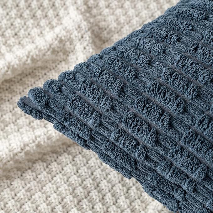 MIULEE Corduroy Decorative Throw Pillow Covers 18x18 Blue Pack of 2 | Soft Boho Striped Pillow Covers Modern Farmhouse Coastal Home Decor For Sofa Living Room Couch Bed