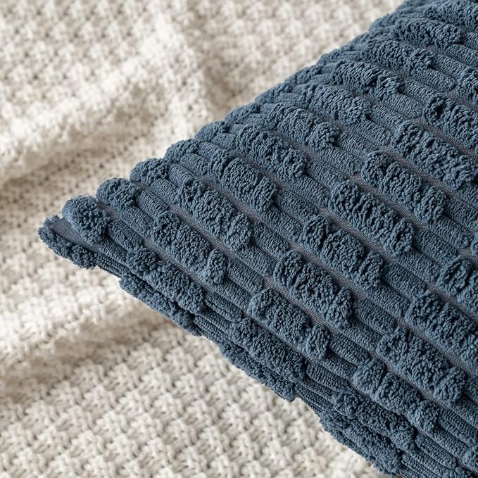 MIULEE Corduroy Decorative Throw Pillow Covers 20x20 Blue Pack of 2 | Soft Boho Striped Pillow Covers Modern Farmhouse Coastal Home Decor For Sofa Living Room Couch Bed
