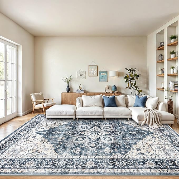 AMADA HOMEFURNISHING 9x12 Washable Area Rug, Low-Profile Large Area Rug with Non-Slip Backing & Durable Edge Binding, Vintage Large Rugs for Living Room, Bedroom & Dinning Room