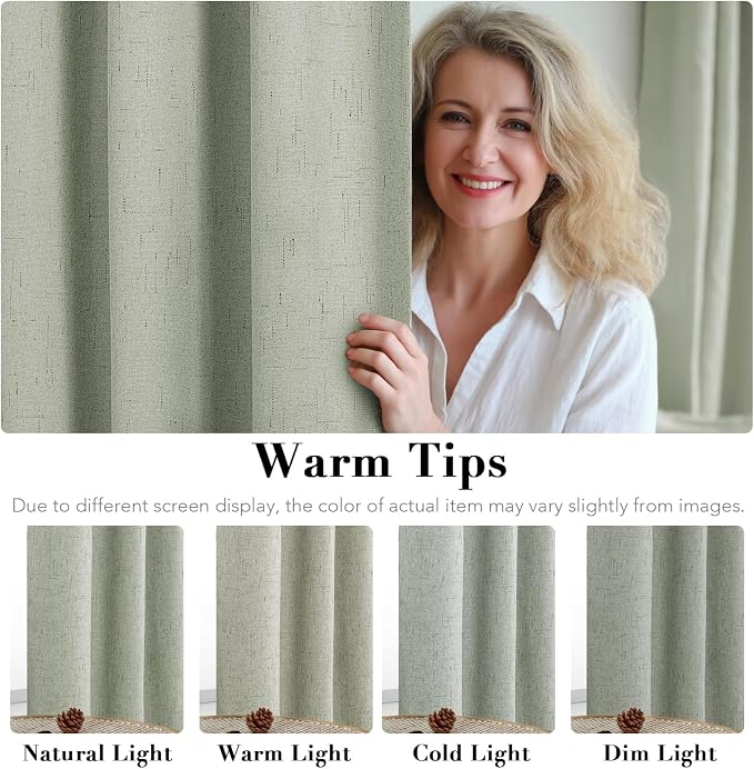 H.VERSAILTEX Linen Blackout Curtains 45 Inches Long 100% Absolutely Blackout Thermal Insulated Textured Linen Look Curtain Draperies Anti-Rust Grommet, Energy Saving with White Liner, 2 Panels, Sage