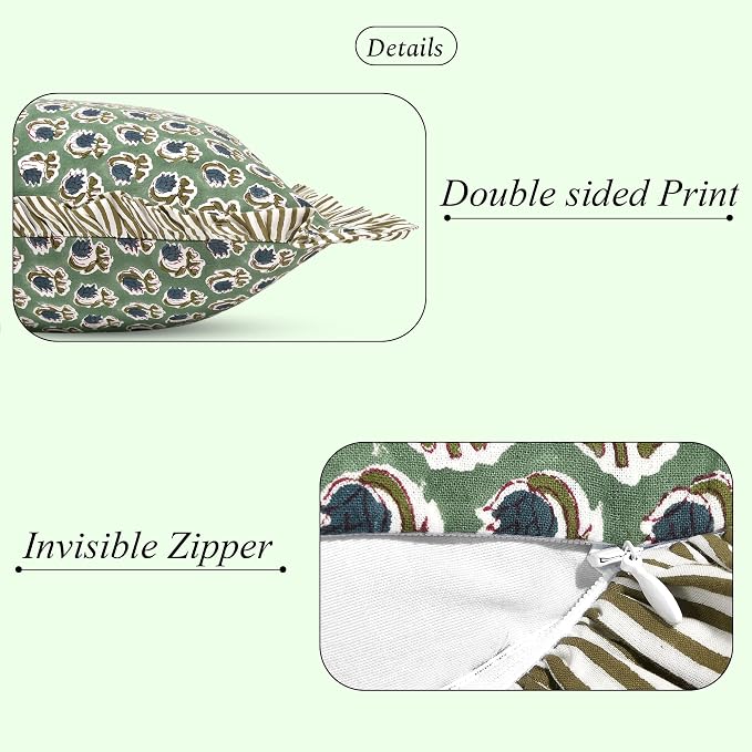 Ridhi Block Print Basil Green Ruffle Lumbar Pillow Shams, 20" x 12" | 100% cotton, Floral Pillowcase, Cushion Cover, Hidden Zipper, Cottagecore Bedding, farmhouse boho style, fits couch, sofa,Bed