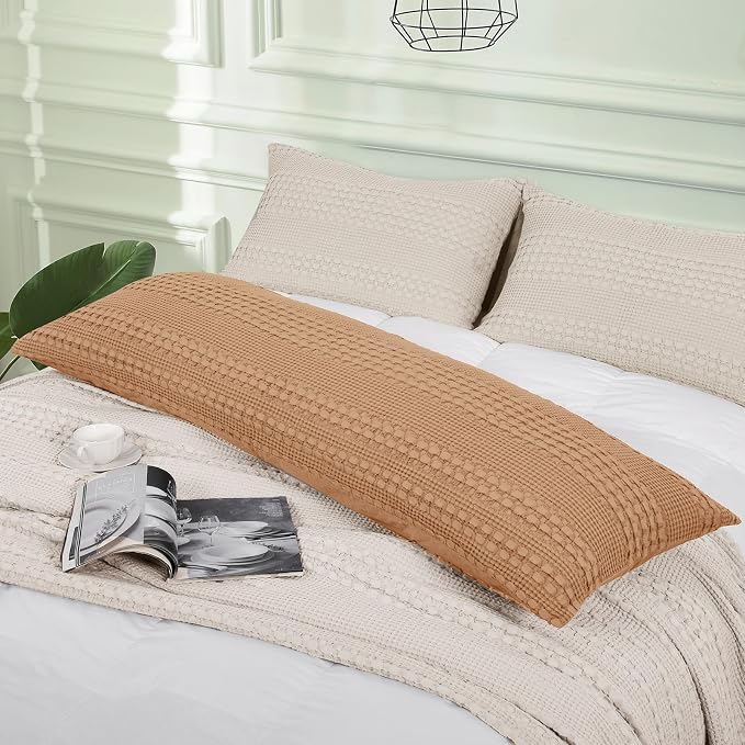PHF 100% Cotton Waffle Body Pillowcase with Zipper, 1 Pack 20" x 54" Soft Skin-Friendly Pillow Sham, No Filling, Aesthetic Woven and Breathable Waffle Weave Body Pillow Cover for Bed, Clay
