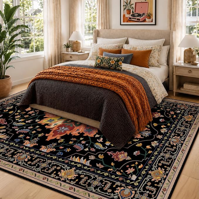 RELEANY Washable Area Rug, 5'x7', Black/Colorful | Non-Slip, Water Repellent, Pet Friendly, Easy to Clean, Vintage Floral Boho Decor for Living Room Bedroom Dining Room Office