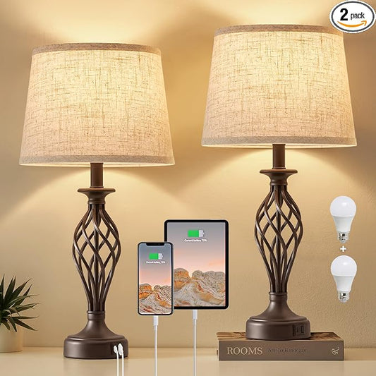 Table Lamp for Bedroom Set of 2 with USB C+A Ports,Modern Night Stand Lamp | Brown Bedside Lamps with Spiral Cage Base,Beige Fabric Shade,Lamp for Living Room Reading Bed Side End Table,Bulbs Included