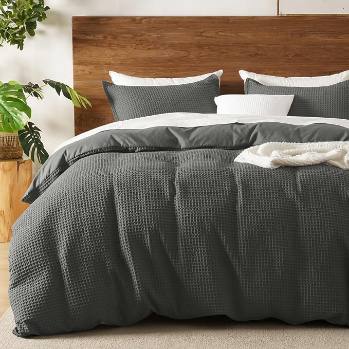 David's Home Soft Textured Waffle Weave Duvet Cover Set, King Size, Grey | Breathable Cozy for All Season, 300GSM, 3PCS Home Bedding Decor, OEKO-TEX Certified, Hidden Zipper, 8 Corner Ties, 104" X 90"
