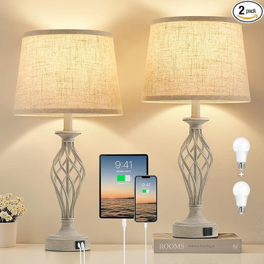 Table Lamp for Bedroom Set of 2 with USB C+A Ports,Modern Night Stand Lamps | Light Grey Bedside Lamps with Spiral Cage Base,Beige Fabric Shade,Lamp for Living Room Reading End Table,LED Bulbs Included