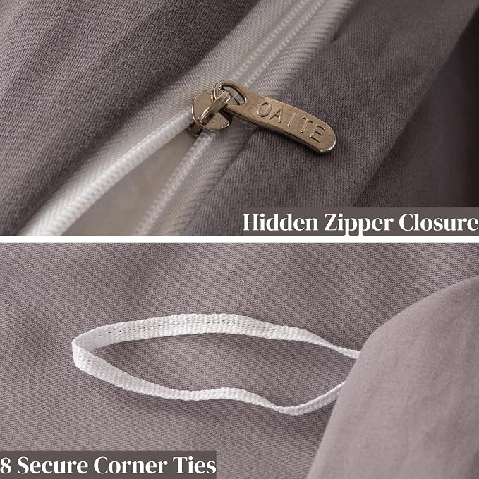 OAITE Duvet Cover Set 100% Washed Cotton Solid 3pcs | Soft,Durable,Long-staple Cotton,Hidden Zipper with 8 Interior Corner Ties,2 Pillowcases,68"X90"