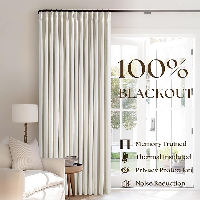Natural Linen Pinch Pleated 100% Blackout Curtains 80 Inches Long 2 Panels | Two Layer Drapes with Liner, Thermal Insulated, Cream Blackout Drapes for Bedroom Living Room, Pinch Pleat with Back Tab