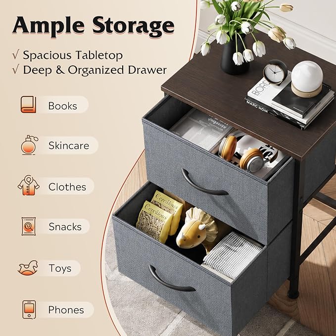 WLIVE Nightstand, 2 Drawer Dresser for Bedroom, Small Dresser with 2 Drawers, Bedside Furniture, Night Stand, End Table with Fabric Bins for Bedroom, Closet, Entryway, College Dorm, Dark Grey | End Table with Fabric Bins for Bedroom, 15-Min Quick-Assem...